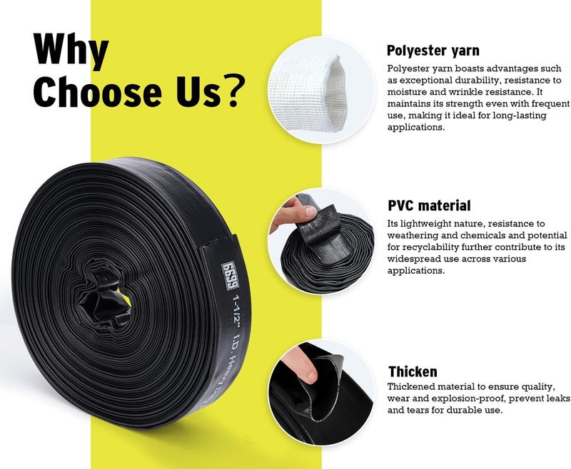 6699 Heavy Duty Discharge Hose PVC Lay Flat Water Tubing with Clamps Easy to Use Weather and Burst Resistant for Pools 1-1/2” ID x 50FT Drainage Kit - Image 3